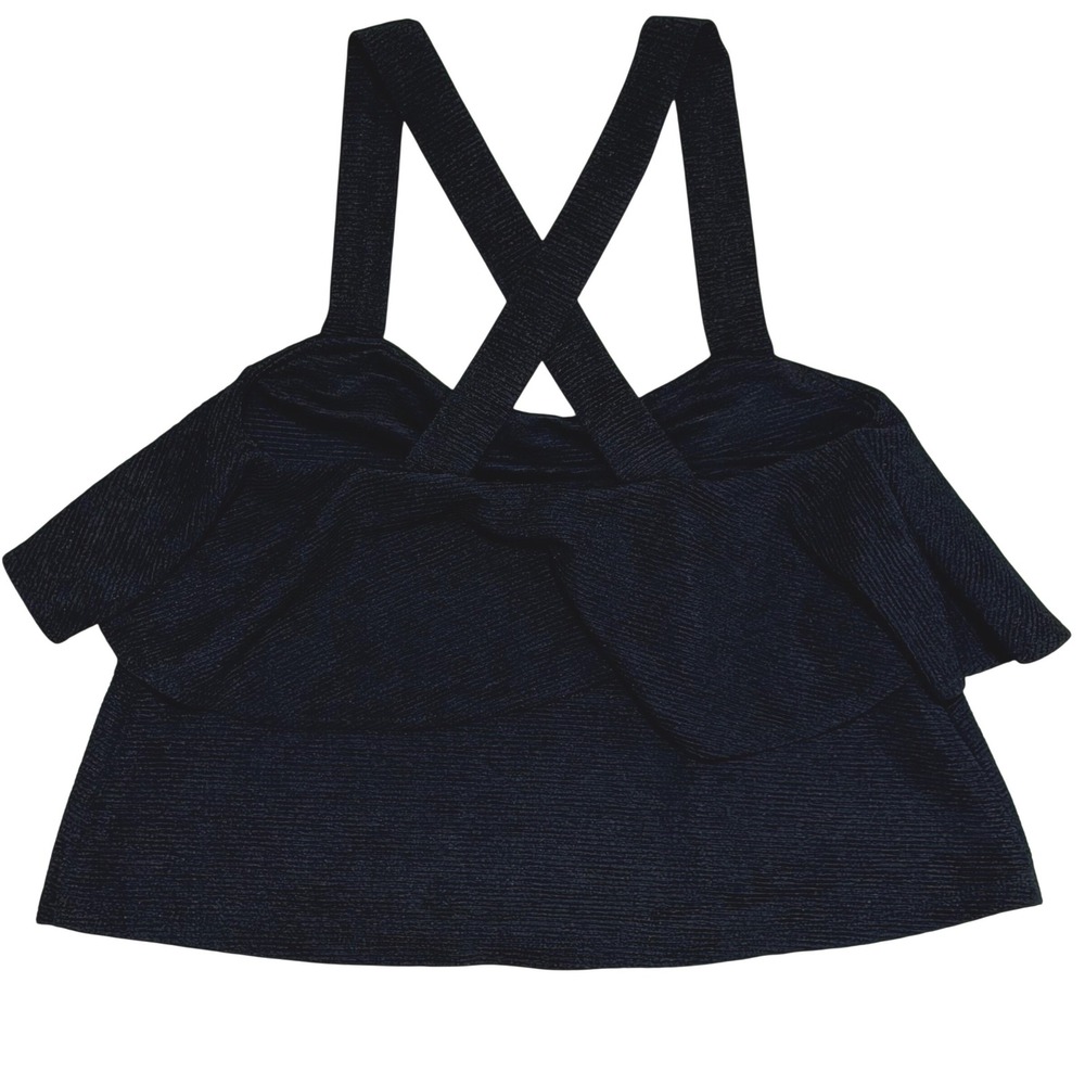 Madewell Ruffle Crop Top Womens XXS Black Ribbed Knit Cross Back Minimalist